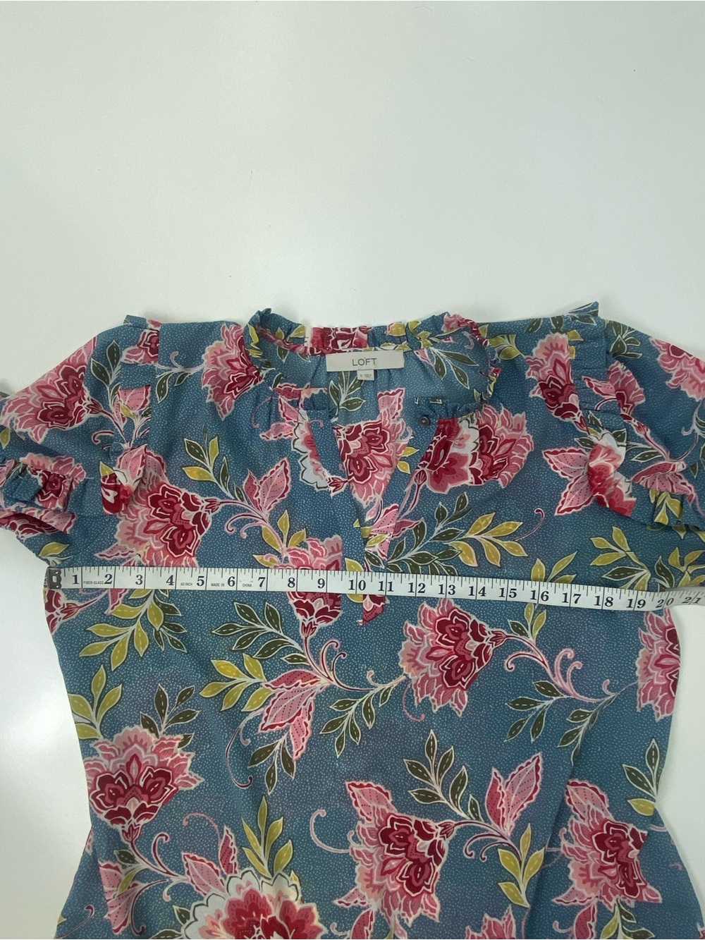 LOFT Teal Floral Ruffle-Shoulder Blouse with Pink Blooms - Picture 6 of 7